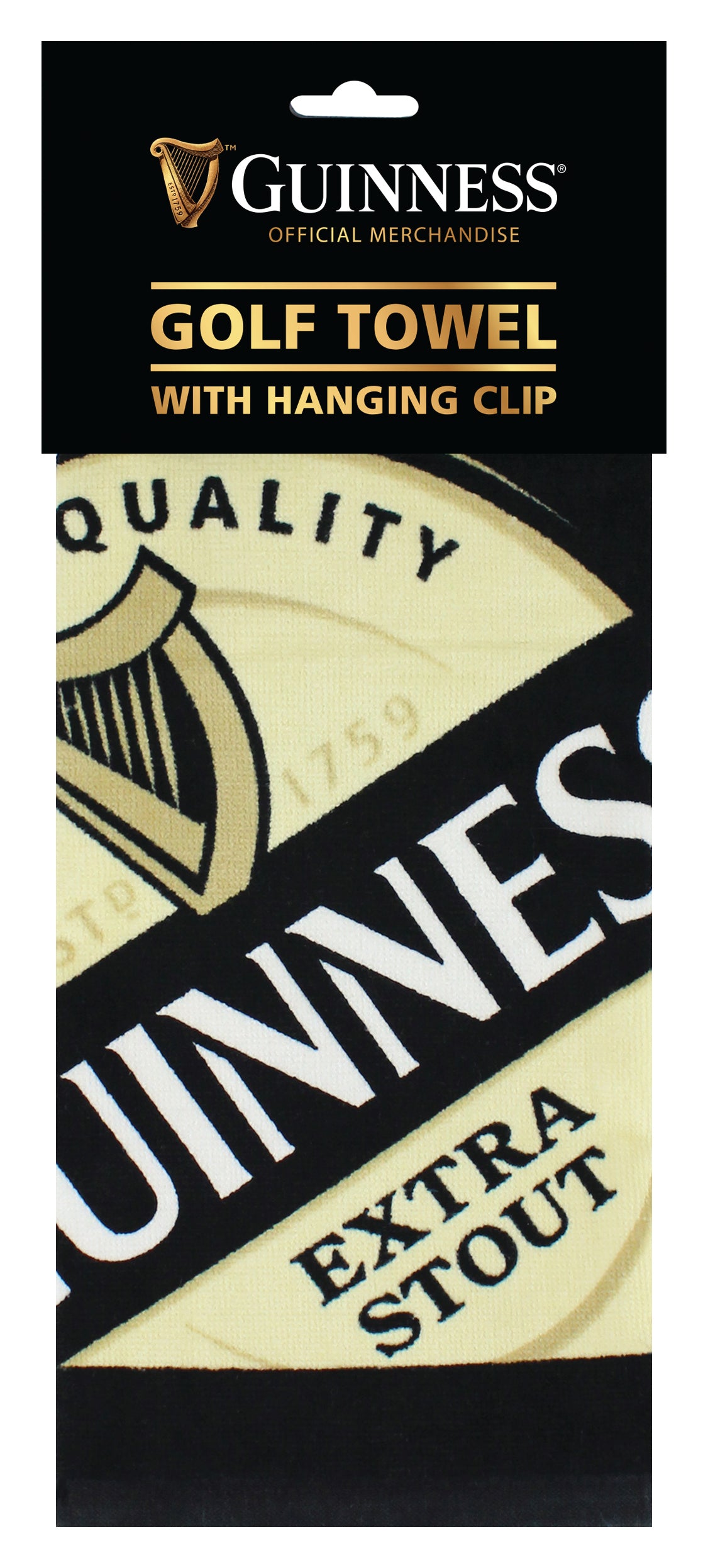 Official Guinness UK golf towel featuring the iconic Guinness Label Golf Towel Printed and convenient hanging clip.