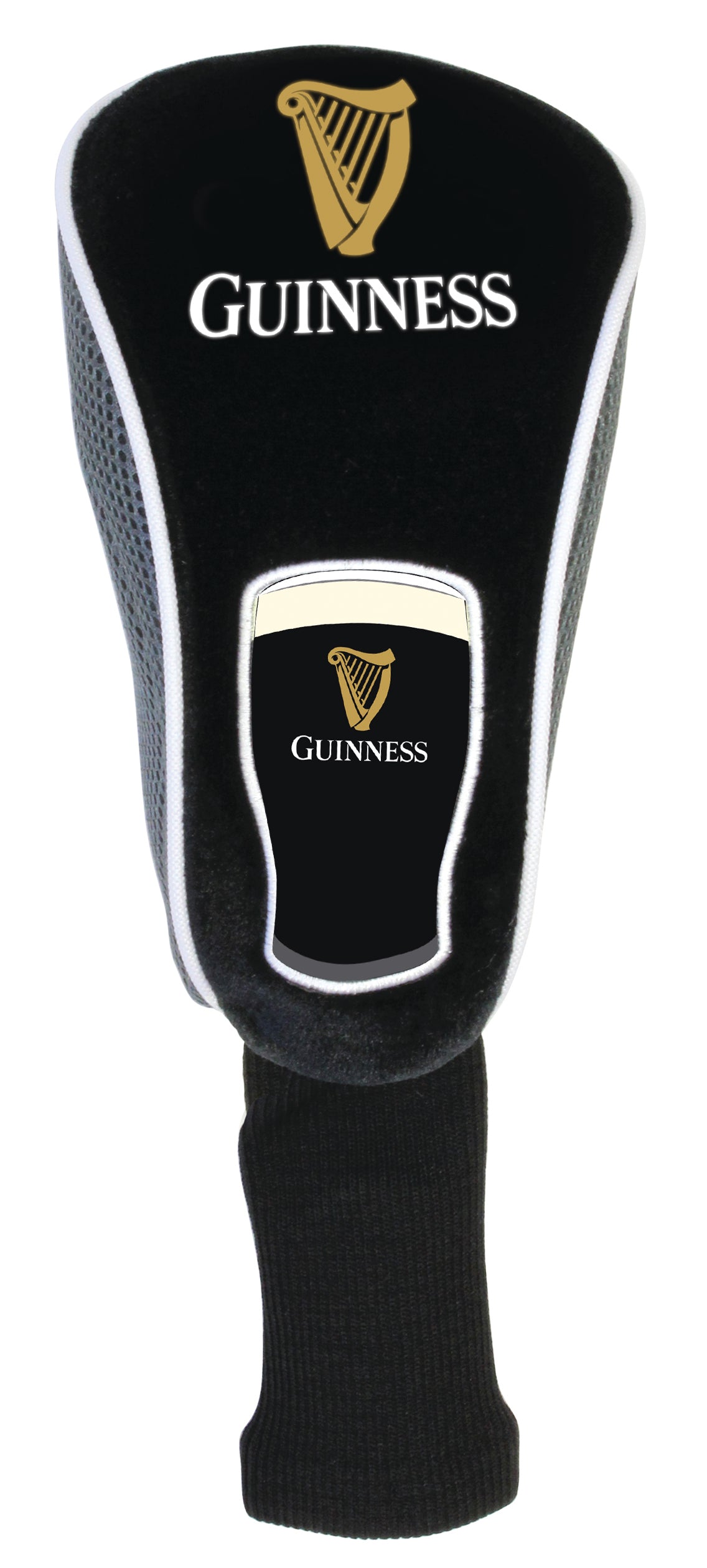 The Guinness Pint Golf Head Cover by Guinness features the iconic logo and harp in gold and white—an ideal way to add classic style to your golf gear.