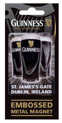 Guinness Metal Embossed Magnet - Pints, perfect as a stocking filler or fridge magnet. Ireland's St. James Gate featured.