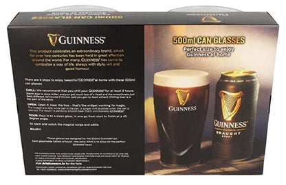 Guinness UK embossed glasses in the Guinness Embossed 2Pk 500ML Can Glass packaging.
