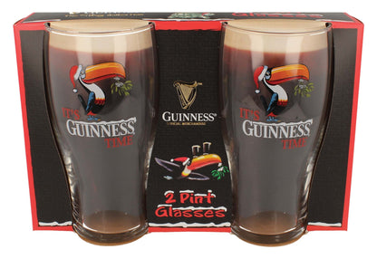 Two Guinness UK Christmas Toucan Pint Glasses in a box.