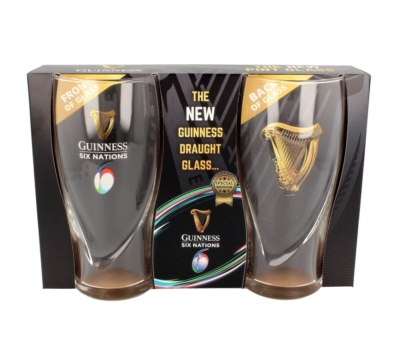 Two Guinness UK Guinness Six Nations Pint Glasses in a friend box.
