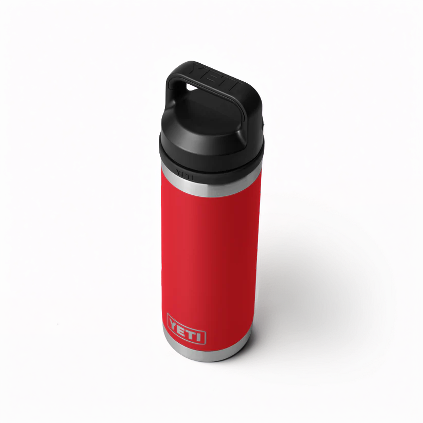 The Guinness Six Nations - Yeti 18oz Chug Bottle in red, from Guinness Webstore UK, features a black lid and silver base—perfect for rugby fans and showcased upright on a white background.
