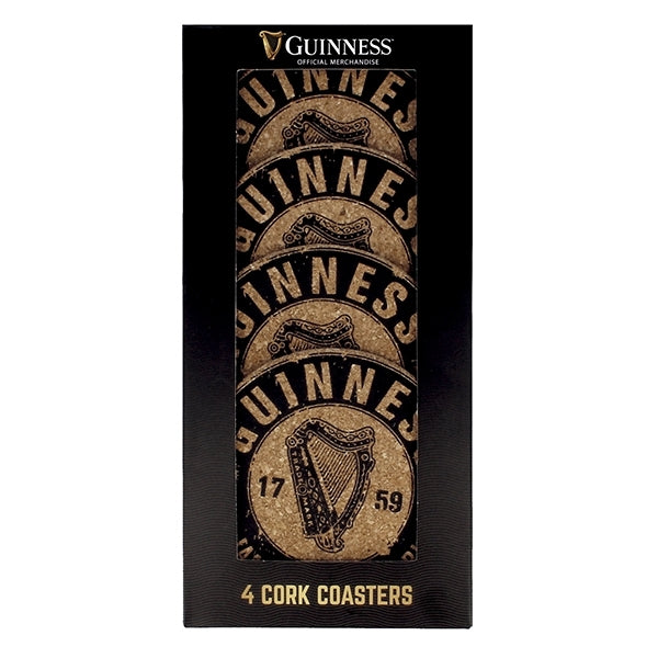 Guinness UK branded Guinness Cork Coasters Harp Set - 4 Pack in a box.