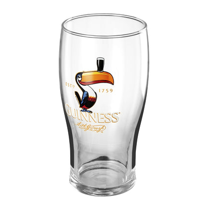A Guinness Toucan Pint Glass - 6 Pack, featuring a vibrant image of a toucan, perfect for enjoying your favorite beverages.