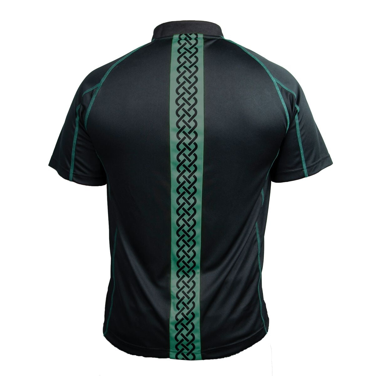 The Guinness Black & Green Short Sleeve Rugby Jersey by Guinness features a bold green Celtic pattern running vertically down the center of the back.