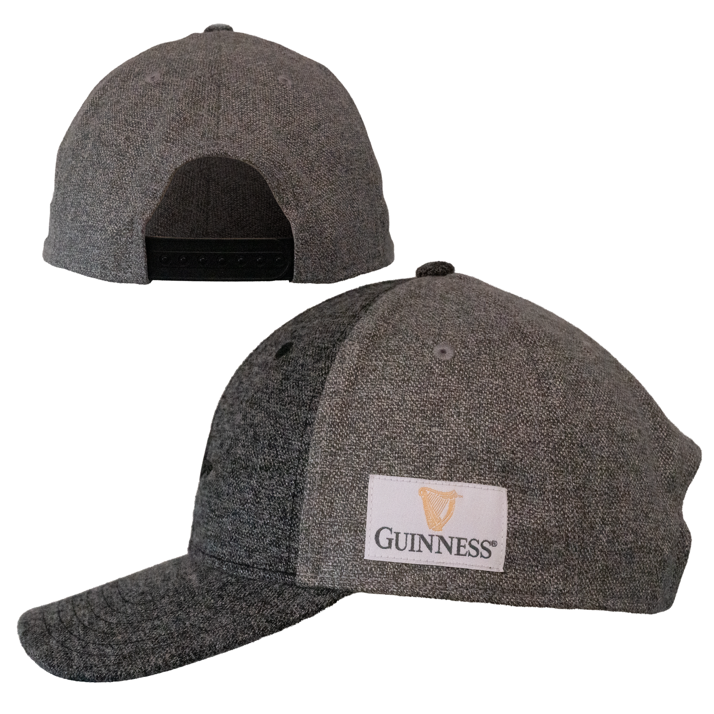 The Guinness Heathered Wool Grey Cap from Guinness Webstore UK is shown from back and side angles, featuring an adjustable strap and a white logo patch on the side—ideal for fans of Irish stout or the iconic flying toucan.