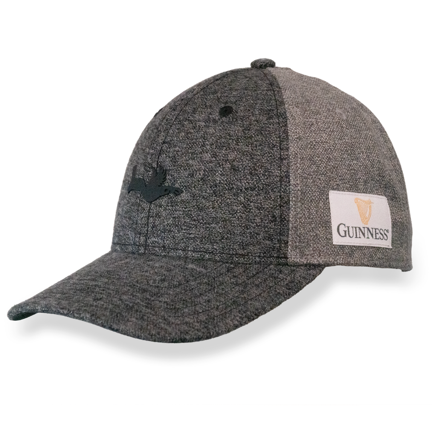 The Guinness Heathered Wool Grey Cap from Guinness Webstore UK features a black front emblem, a white Guinness patch on the side, and subtle details inspired by the iconic Irish stout.