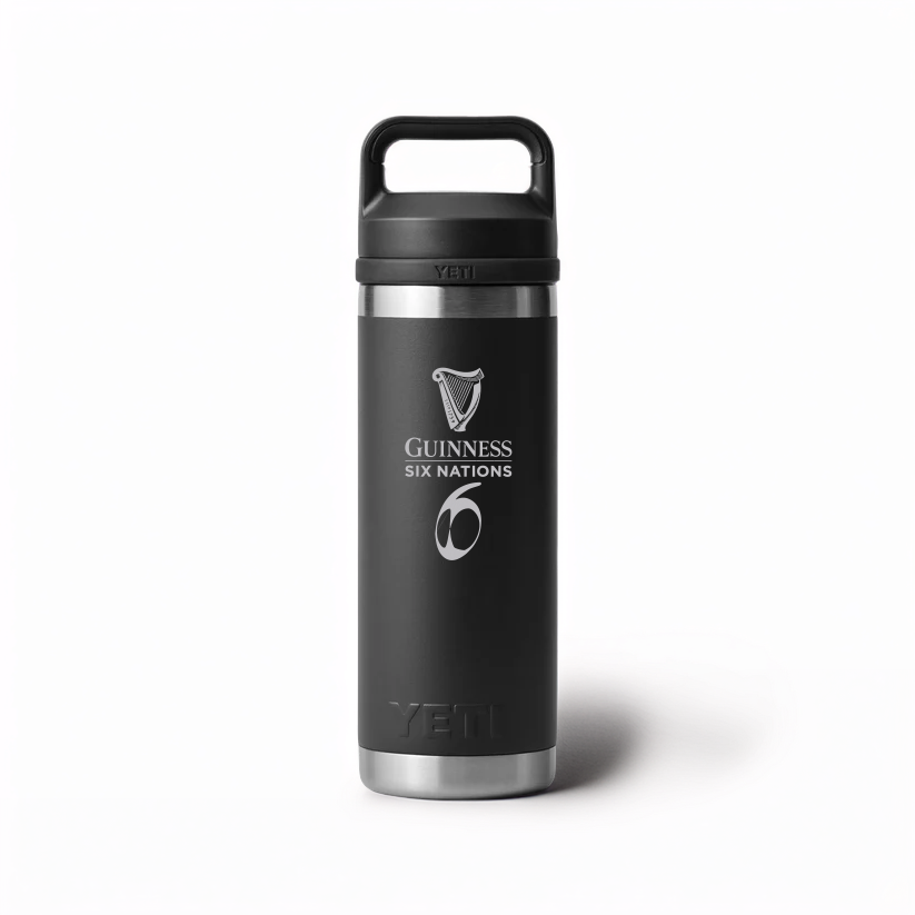 The Guinness Six Nations - Yeti 18oz Chug Bottle in black, available at Guinness Webstore UK, features the official rugby logo—a perfect choice for Six Nations fans. Photographed on a plain white background.