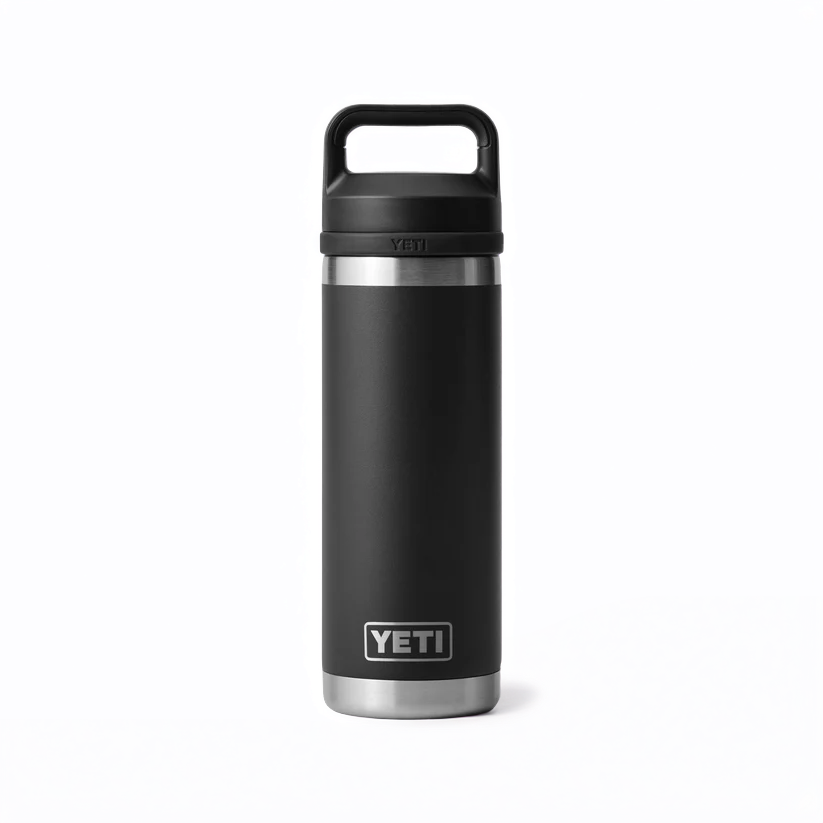 The Guinness Six Nations - Yeti 18oz Chug Bottle in black from Guinness Webstore UK is a stainless steel insulated water bottle with a handle lid, perfect for rugby fans. Shown upright against a plain white background.