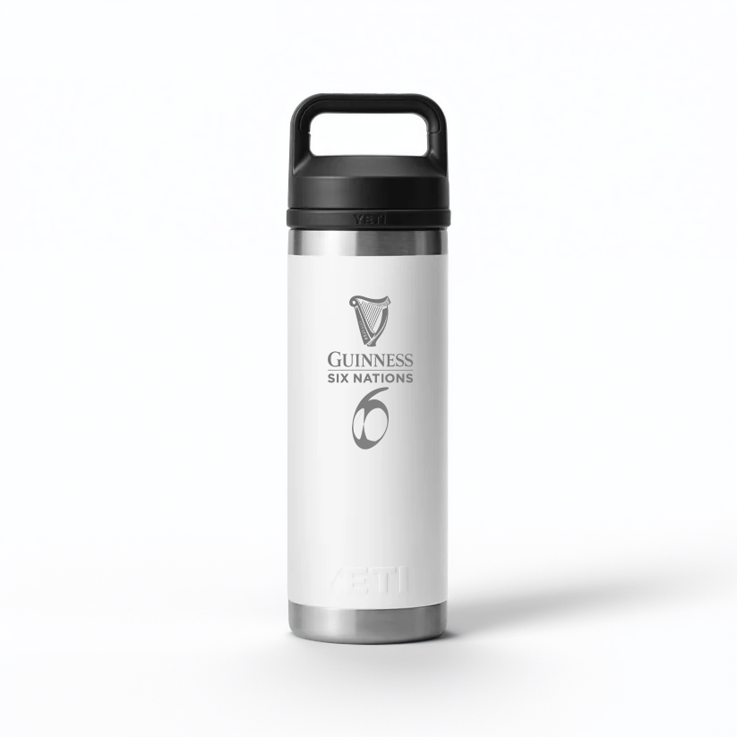 The Guinness Six Nations - Yeti 18oz Chug Bottle in white from Guinness Webstore UK features the rugby logo and a black lid—perfect for rugby fans.