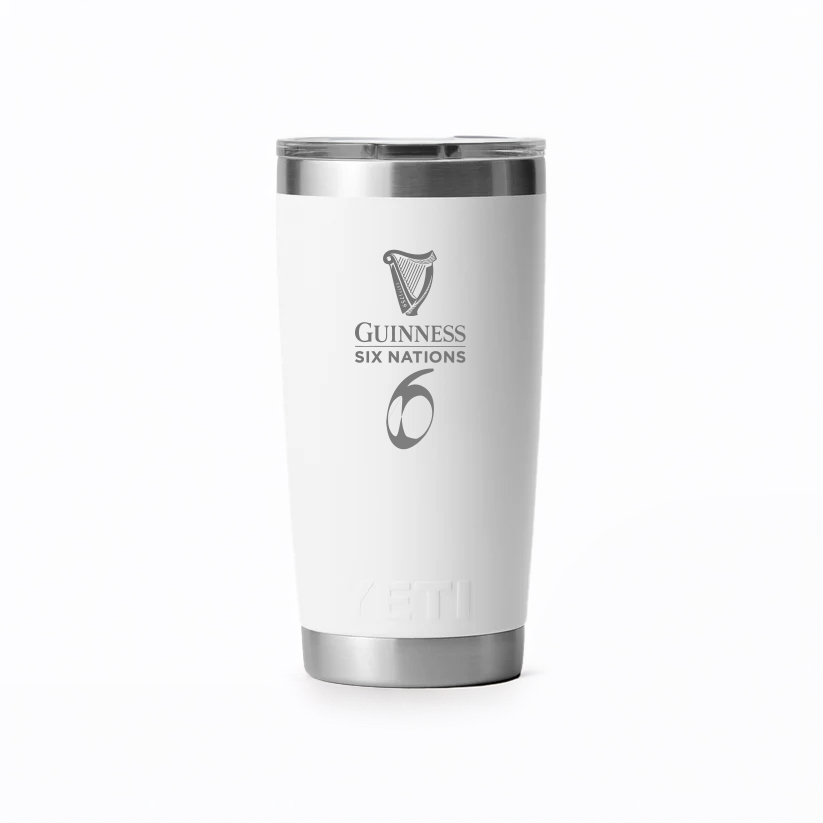 The Guinness Six Nations - Yeti - 20oz Tumbler WHITE from Guinness Webstore UK features the rugby logo on white stainless steel with a silver lid and base—ideal for dedicated Six Nations fans.