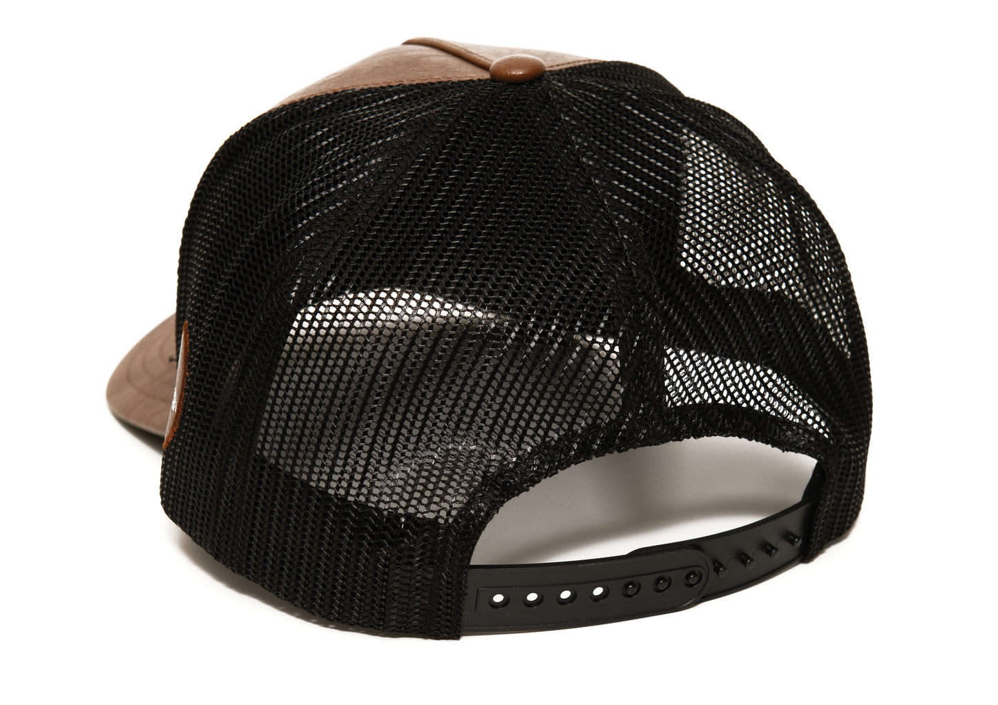 A brown and black mesh leather trucker cap by Guinness Webstore UK, shown from the back with an adjustable snapback and iconic Guinness harp logo, makes this Guinness Brown Leather Trucker Cap distinctive.