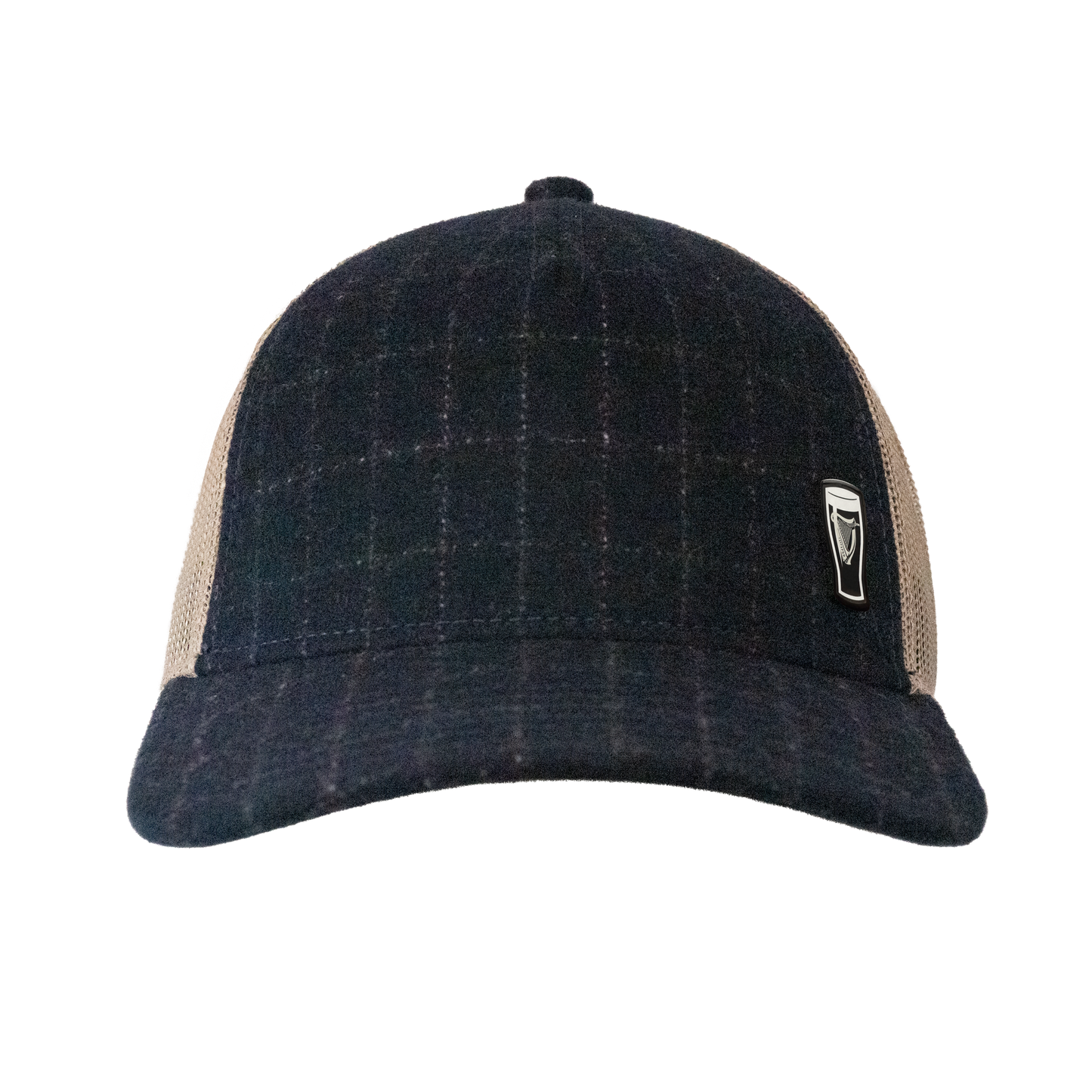 Showcase your Irish heritage with the Guinness Checked Trucker Cap from Guinness Webstore UK, featuring black and brown plaid, a mesh back, and a pint glass pin on the front left panel.