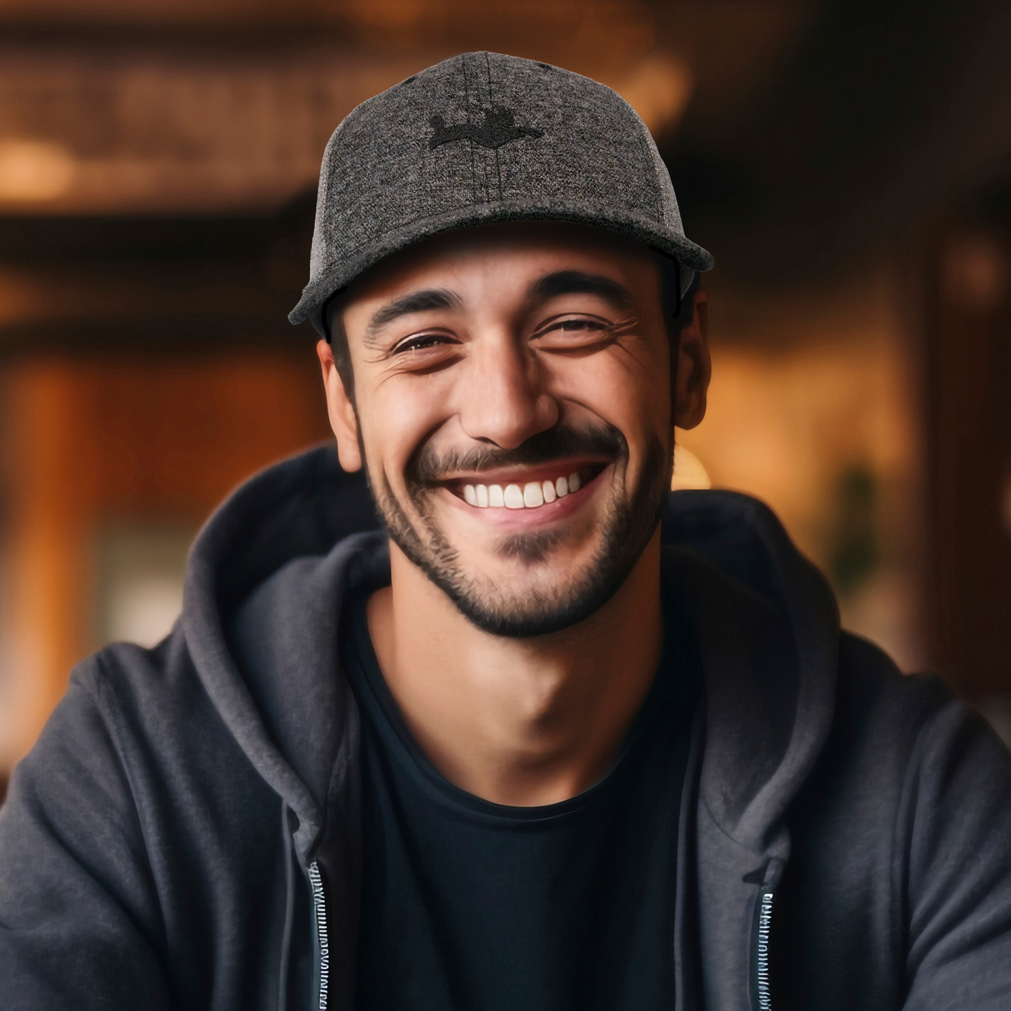 A man wearing a Guinness Heathered Wool Grey Cap from the Guinness Webstore UK and a hoodie smiles at the camera in a warmly lit indoor setting.