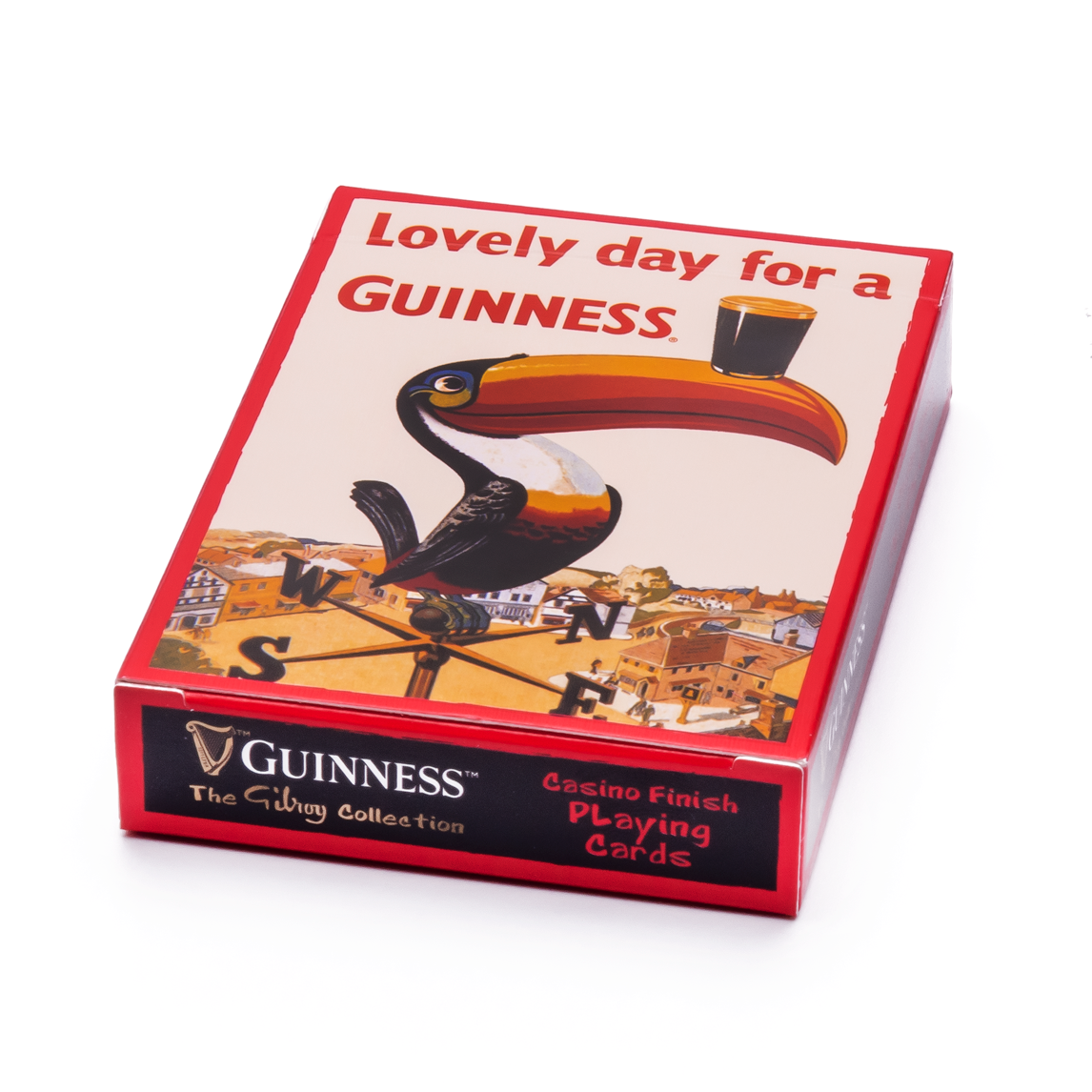 A box of Guinness Toucan Playing Cards featuring Gilroy the Toucan on a white background.