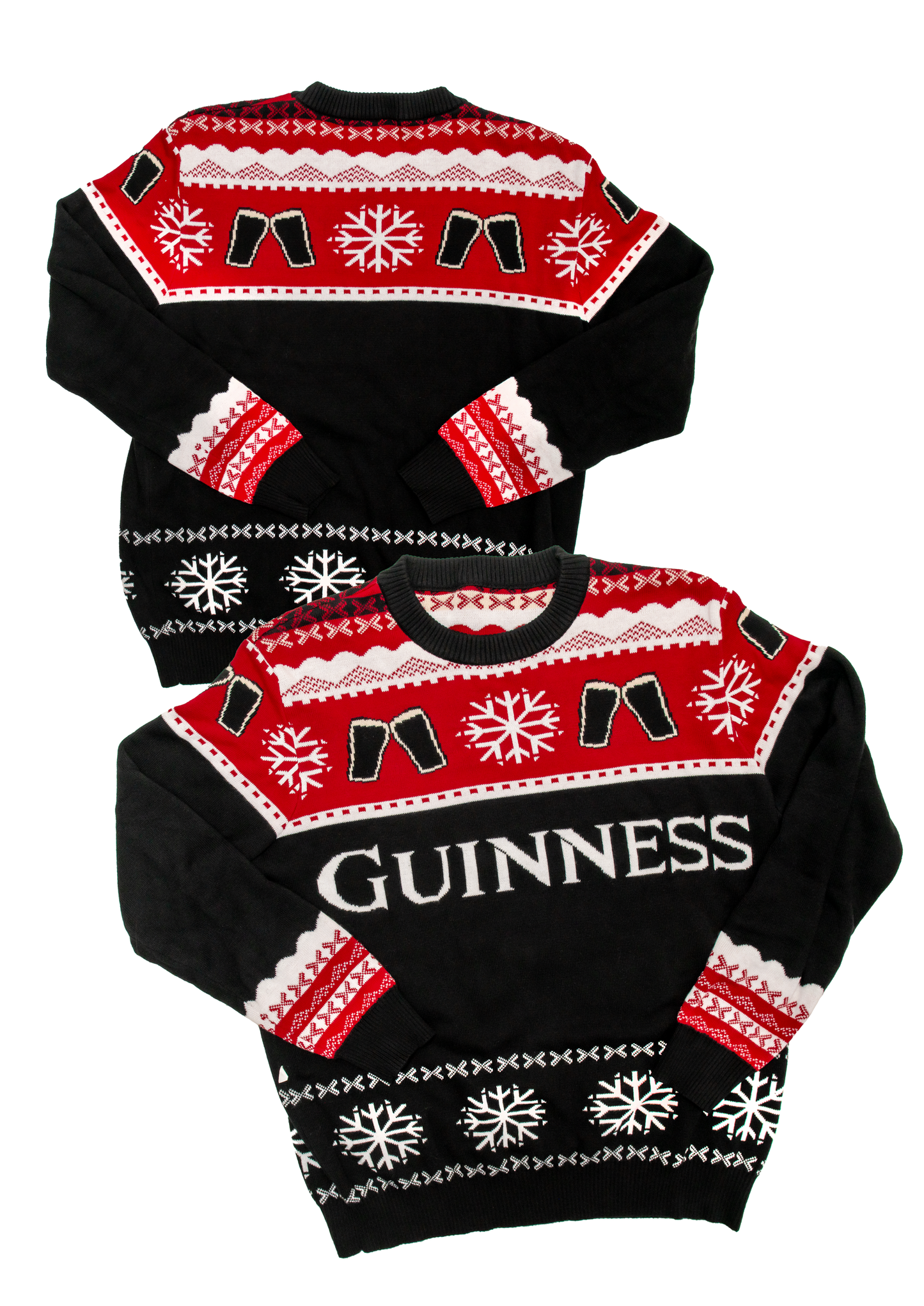 Two festive Official Guinness Christmas jumpers with Guinness UK on them.