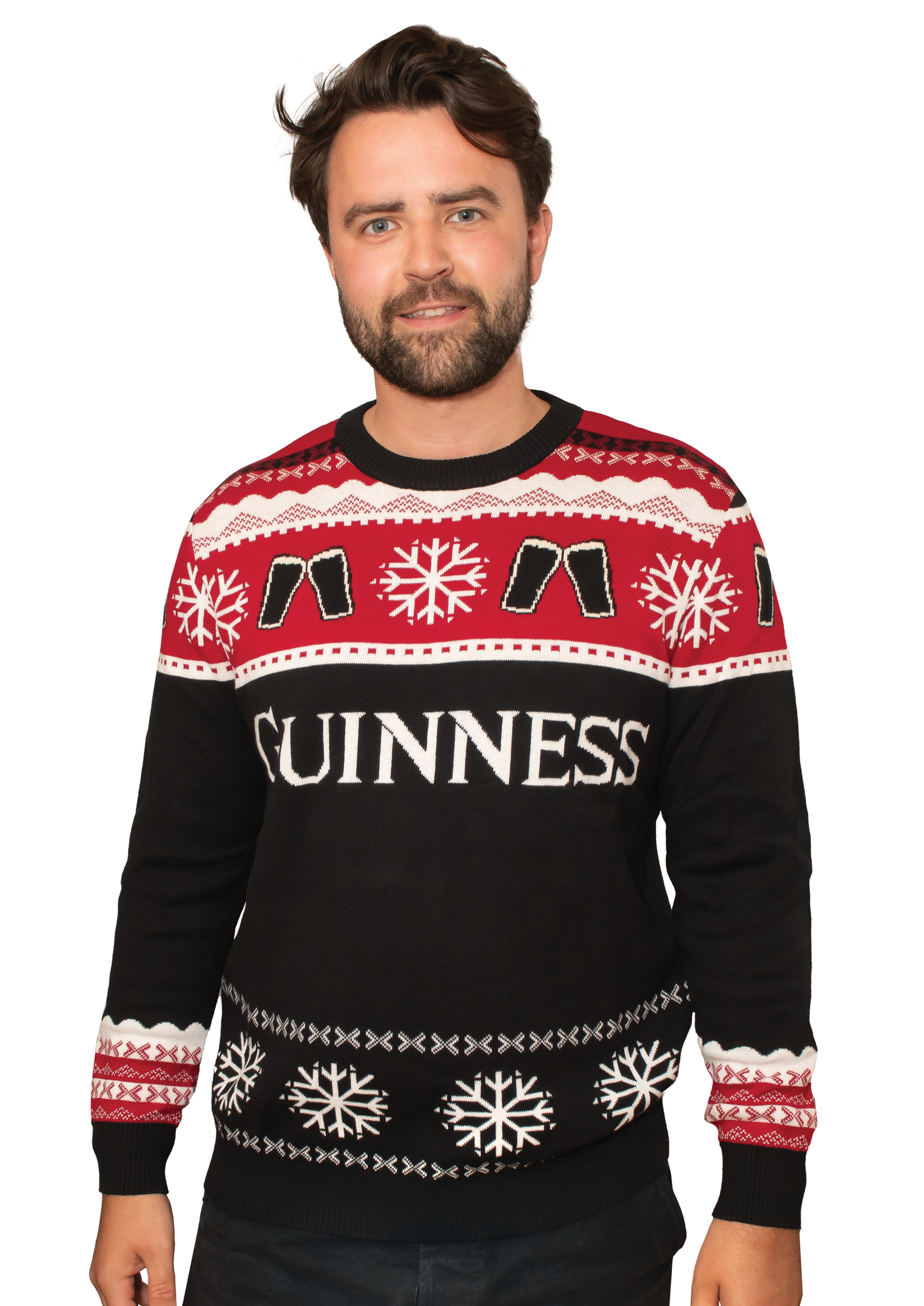 A man wearing a festive Official Guinness Christmas Jumper, made by Guinness UK.