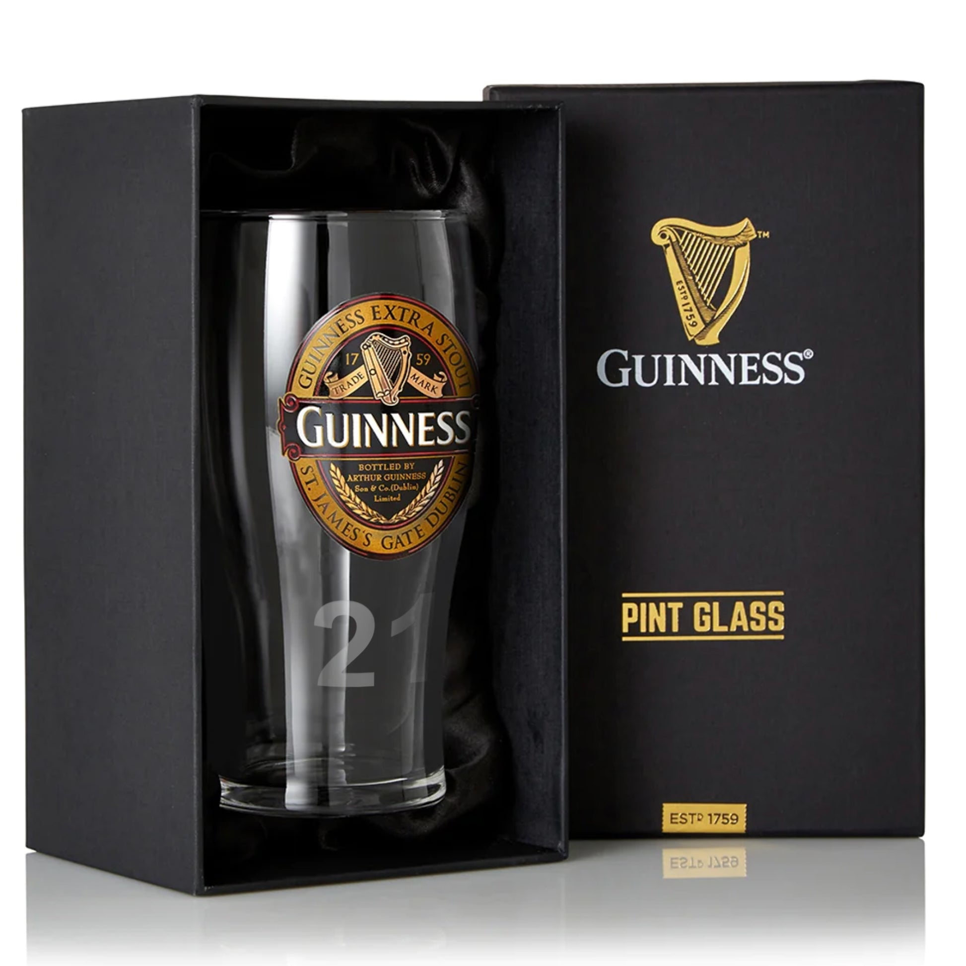 Guinness Classic Collection Pint Glass featuring the Extra Stout Label, delicately packaged in a box from Guinness UK.