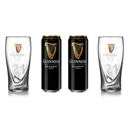 Two personalised Guinness Pint Glass + Can Twin Packs flanking two cans of Guinness draught stout on a white background.