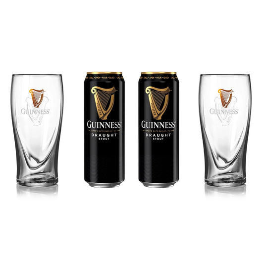 Two Guinness Pint Glass + Can Twin Packs flanked by two empty personalised Guinness-branded pint glasses on a white background.