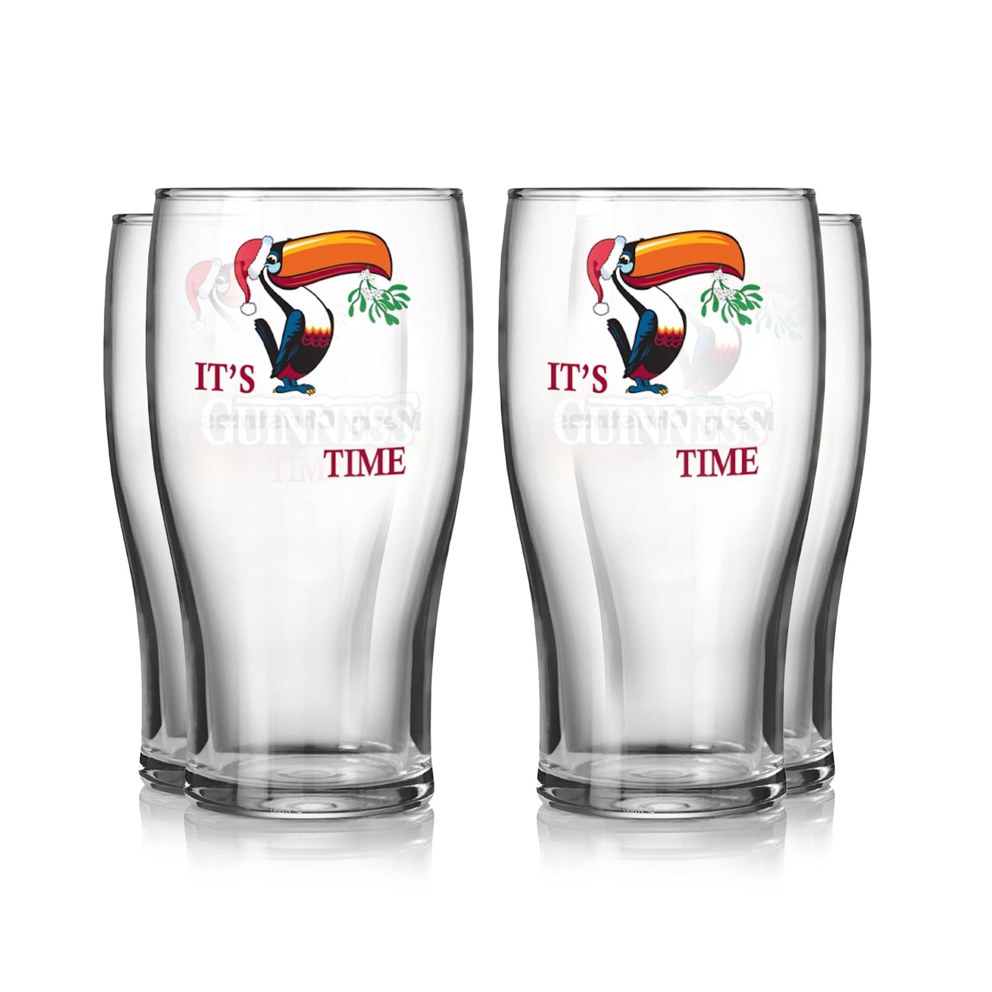 The Guinness UK Christmas Toucan Pint Glass 4-Pack features four clear glasses with a Santa-hat-wearing toucan, capturing classic Guinness imagery and the phrase "It's Guinness Time," perfect for a festive atmosphere.