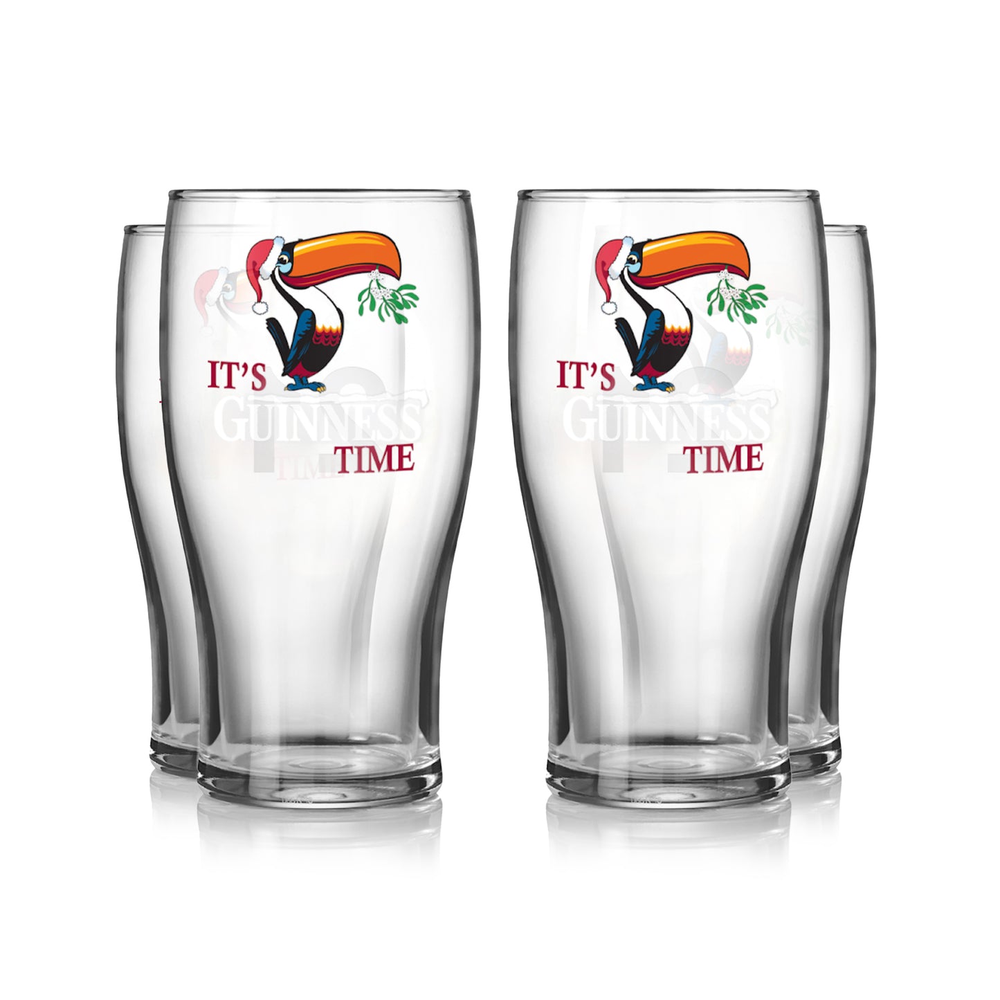 The Guinness UK Christmas Toucan Pint Glass 4-Pack includes four clear glasses adorned with a toucan illustration and "It's Guinness Time" text, adding festive charm and the perfect touch of Guinness imagery to any celebration.