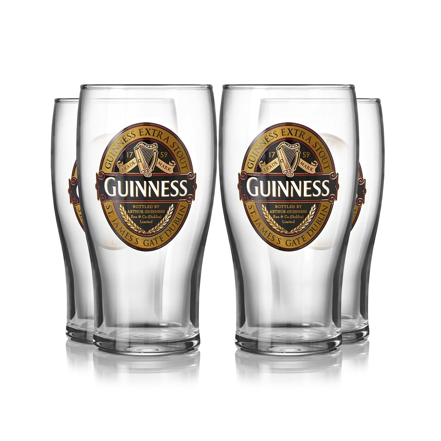 Four Guinness UK Classic Collection Pint Glasses - 4 Pack featuring the limited edition Extra Stout label, set against a white background.