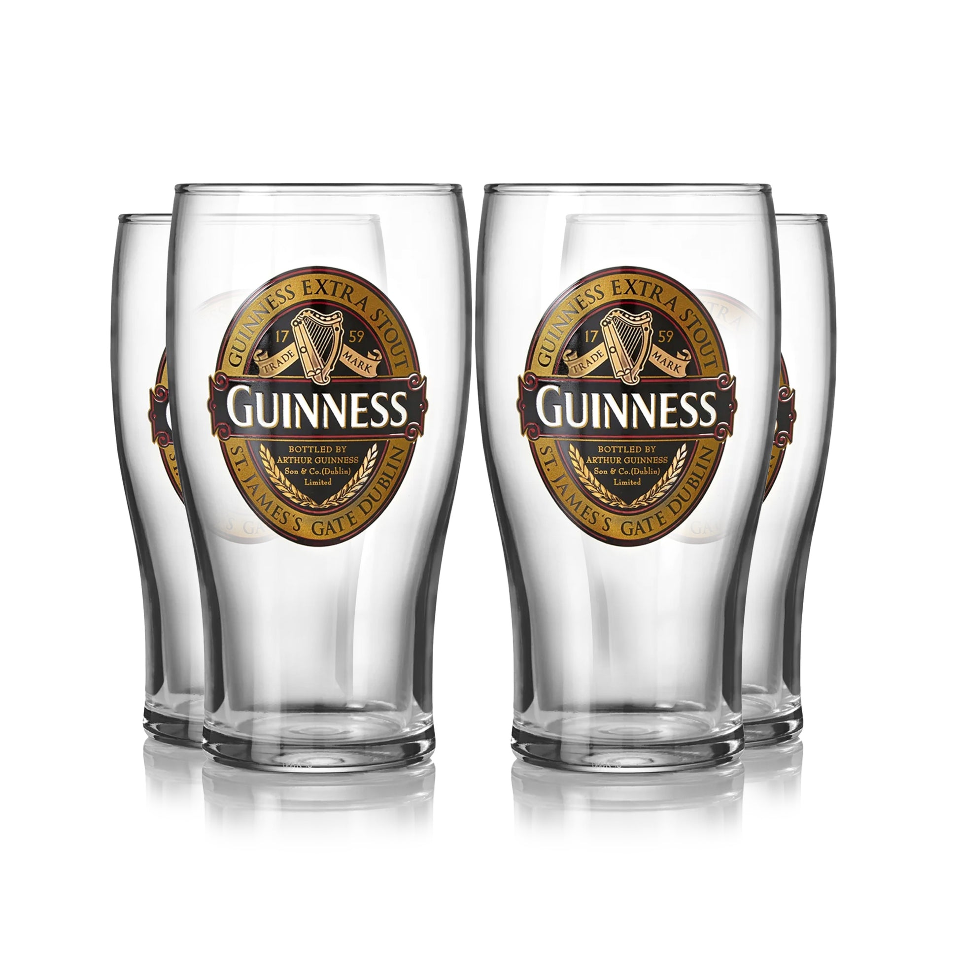 Four Guinness UK Classic Collection Pint Glasses - 4 Pack featuring the limited edition Extra Stout label, set against a white background.