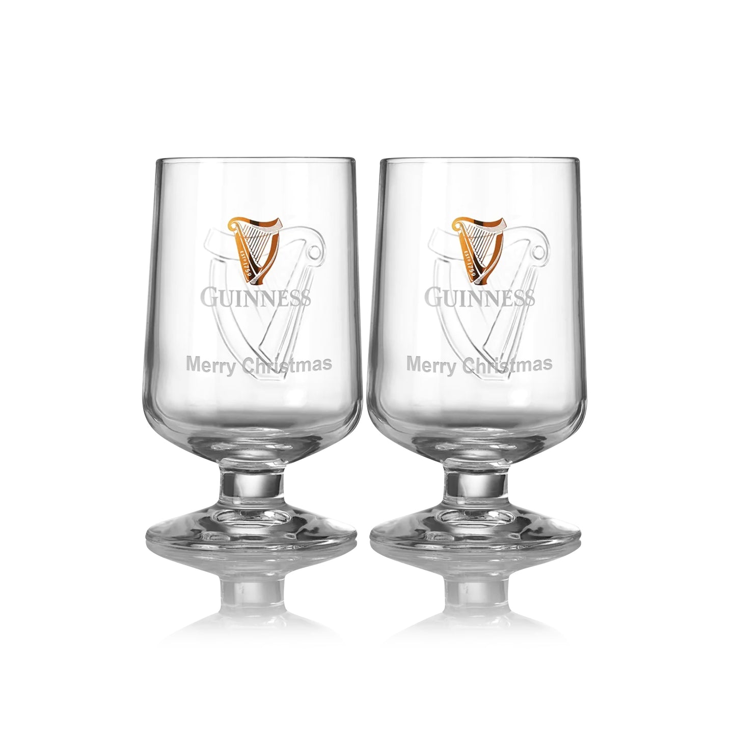 The Guinness UK 2-pack features half-pint embossed stem glasses, each with the harp logo and "Merry Christmas" engraving.
