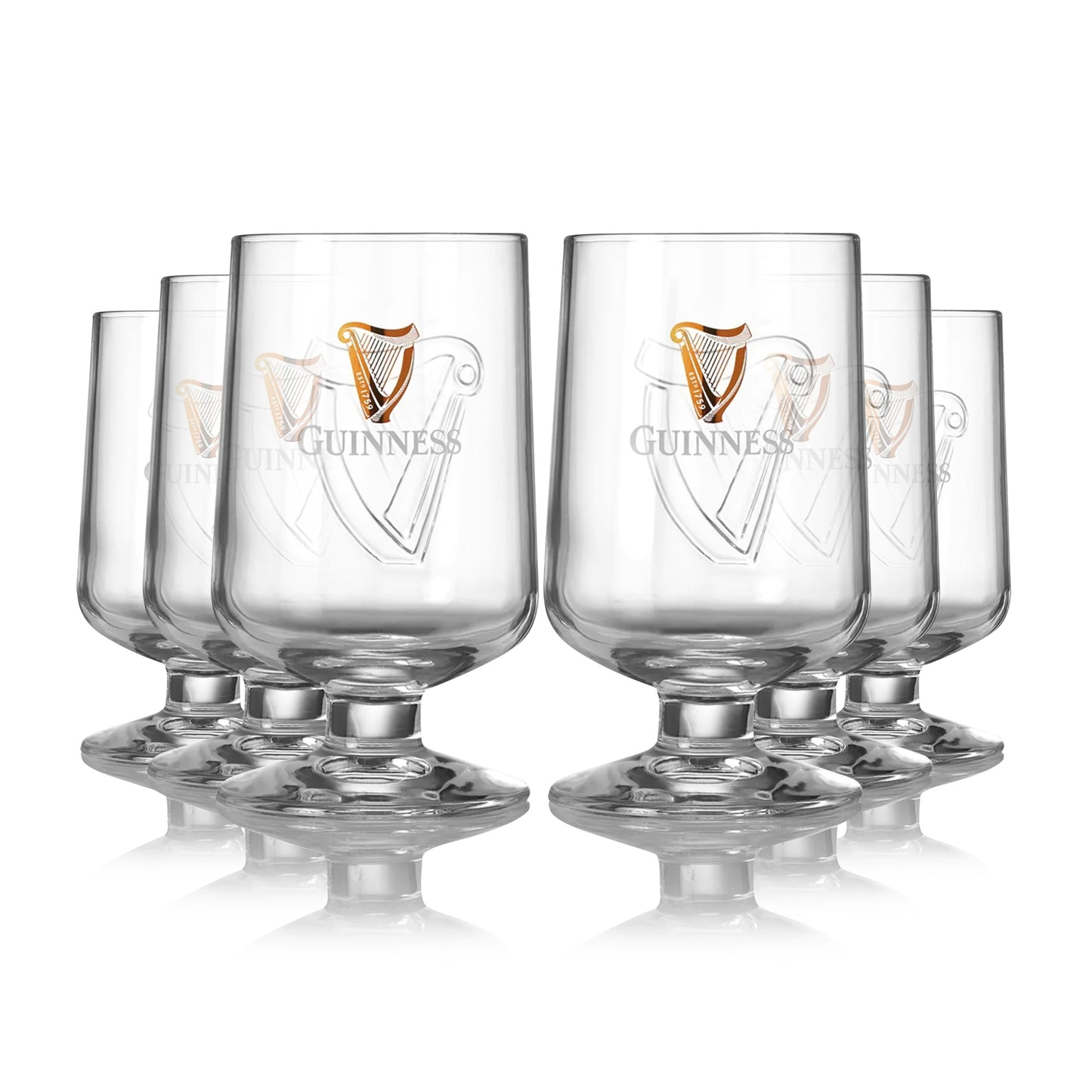 Six Guinness Embossed Stem Glasses 420ml - 6 Pack, each with a Harp logo and delicate stem, displayed on a clean white background. (Brand Name: Guinness UK)