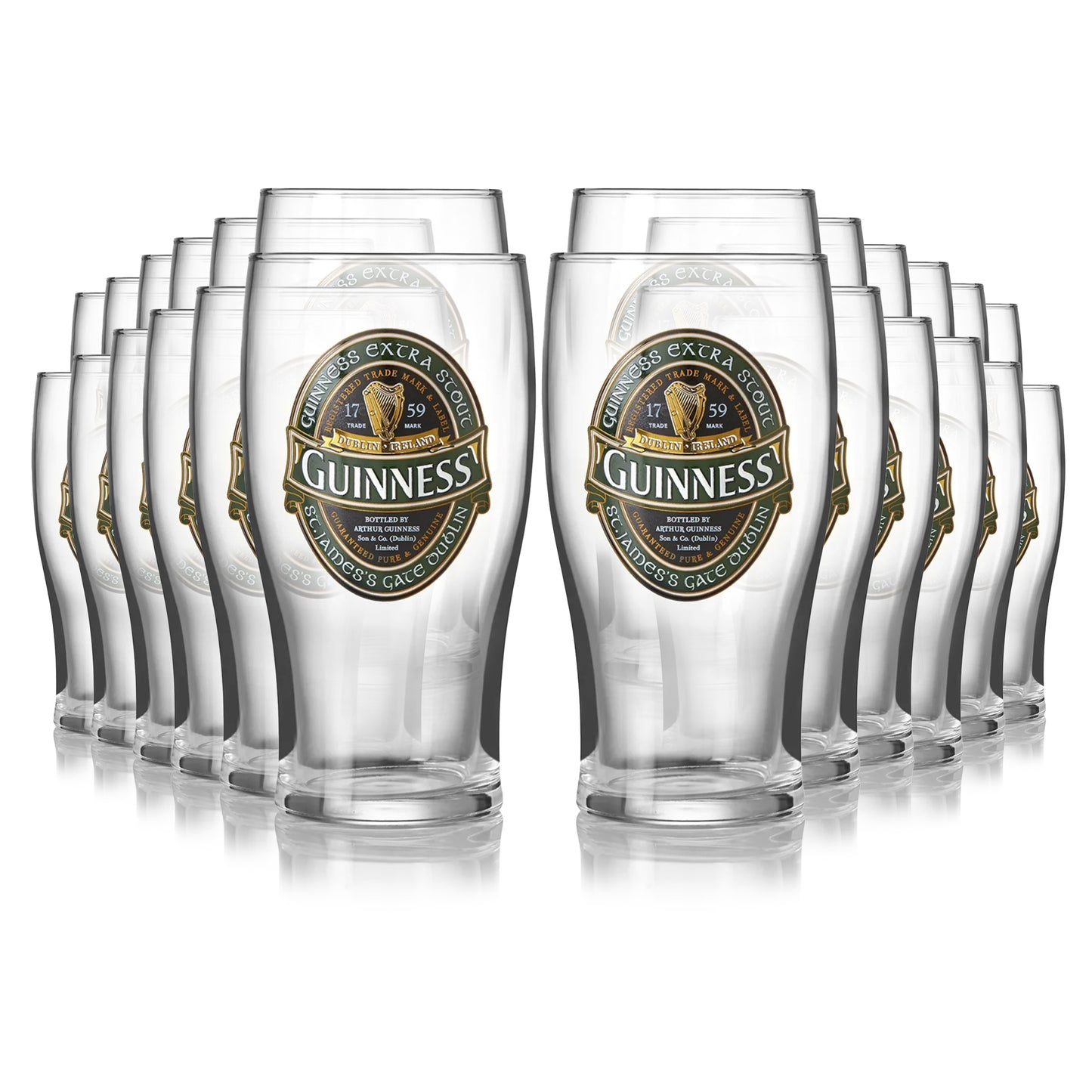Eight Guinness Ireland Collection Pint Glasses - 24 Pack featuring the Guinness Ireland Collection Glass on a white background, manufactured by Guinness UK.
