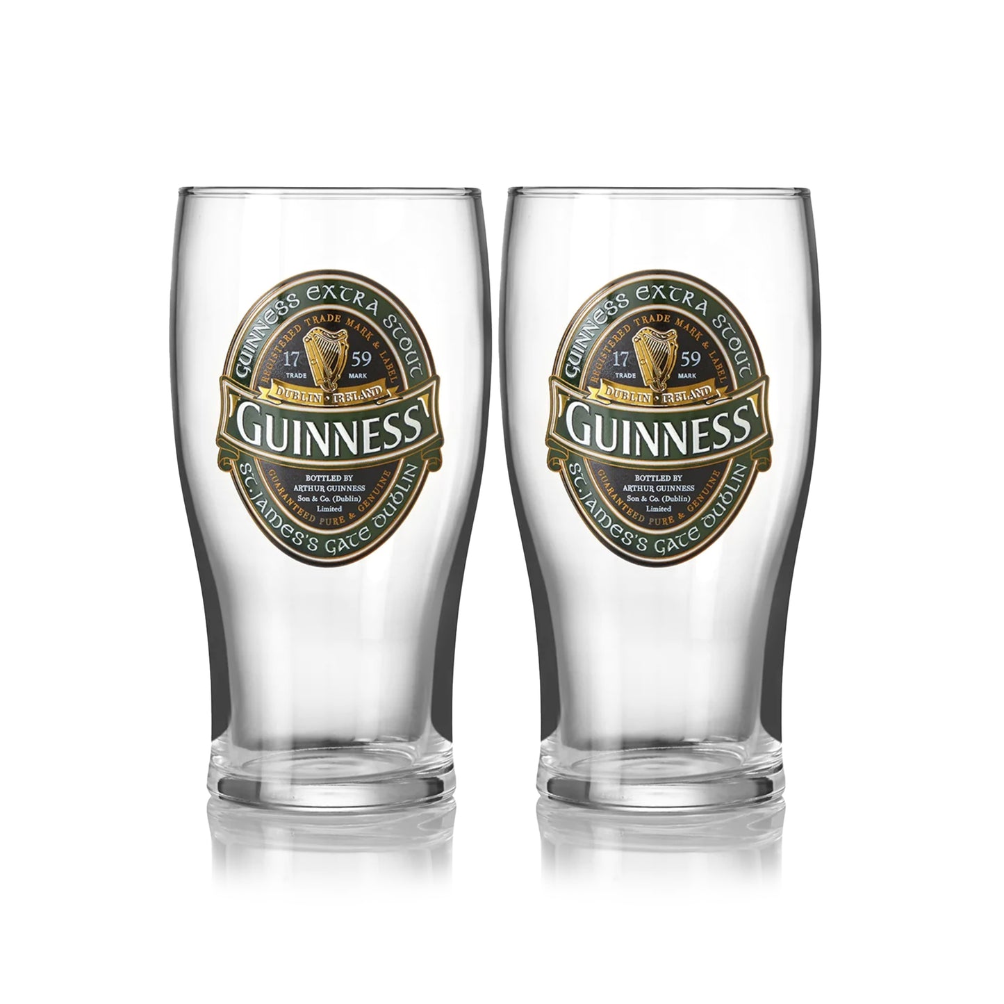 Two Guinness Ireland Collection Pint Glasses on a white background.