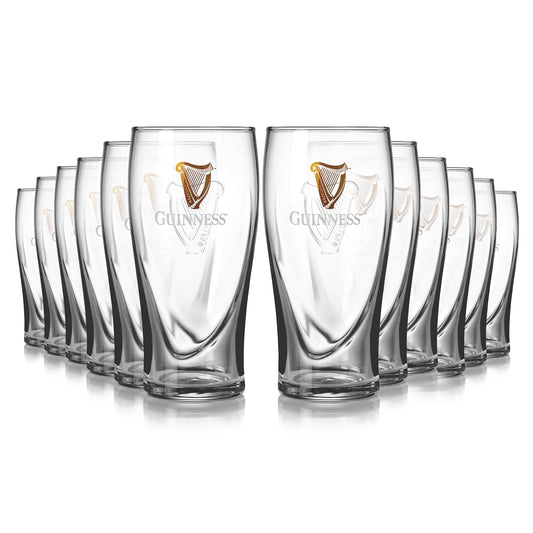 Twelve Guinness Pint Glasses on a white background with Harp logo from Guinness UK.