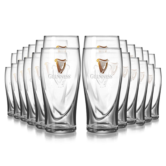 Eight Guinness UK pint glasses on a white background, featuring the iconic Harp logo.