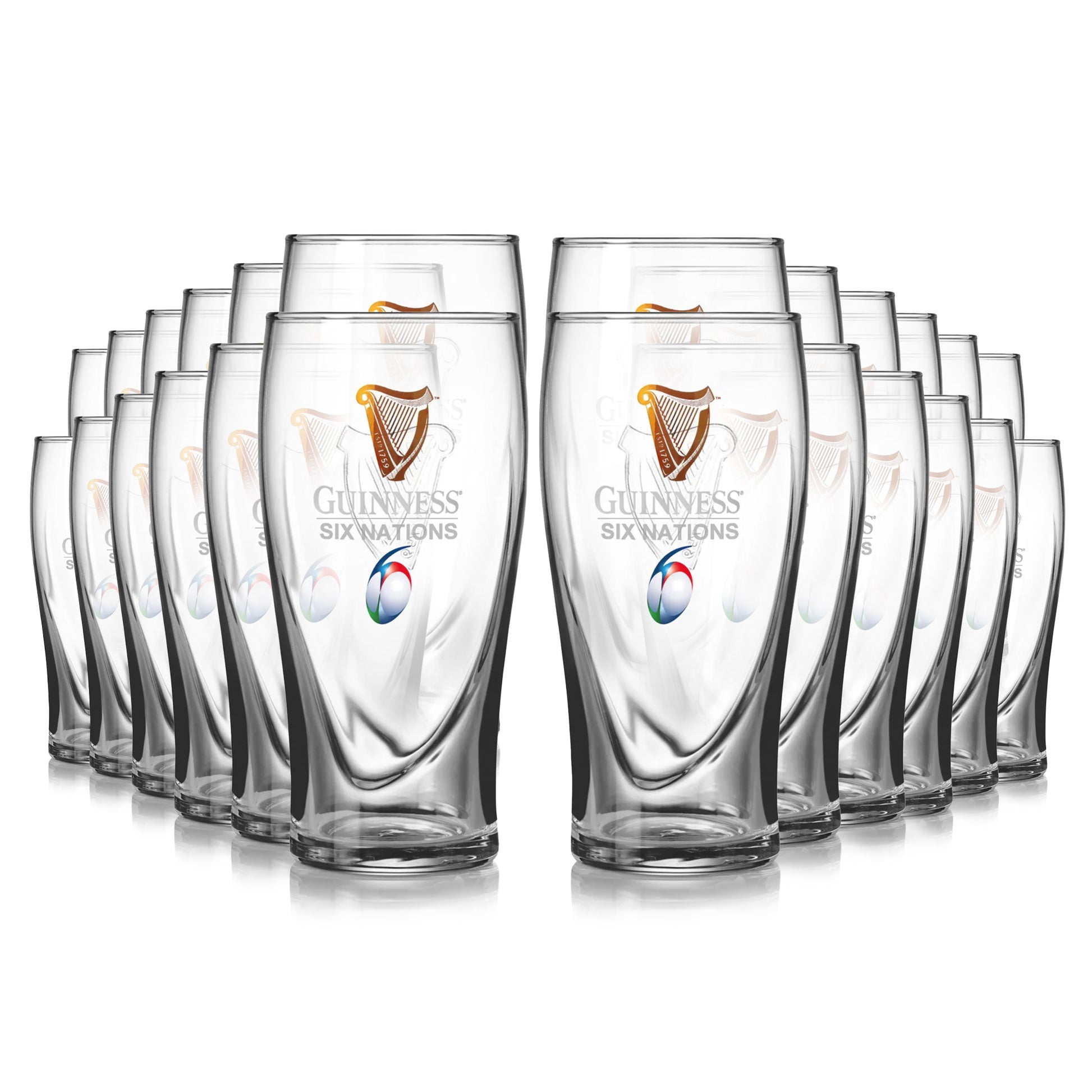 Eight Guinness Six Nations Pint Glasses - 24 Pack featuring the Six Nations logo on a white background. (Brand: Guinness UK)