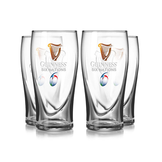 Four Guinness UK Six Nations Pint Glasses - 4 Pack on a white background.
