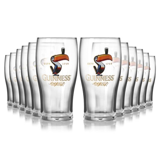 Six iconic Guinness Toucan Pint Glass - 12 Pack featuring the Toucan logo on a white background.