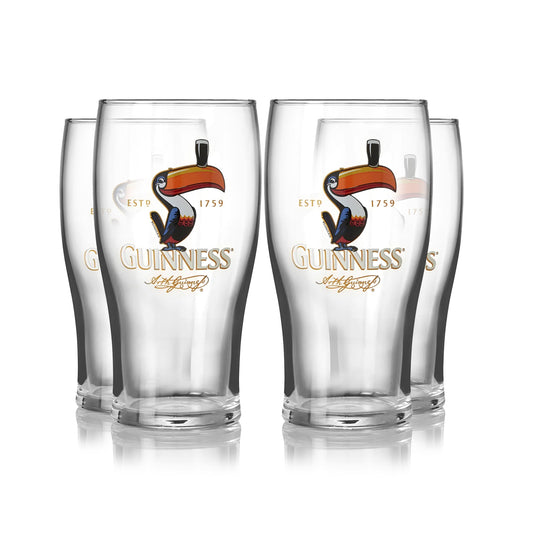 Four Guinness Toucan Pint Glasses - 4 Pack with a toucan on them. (Brand: Guinness UK)