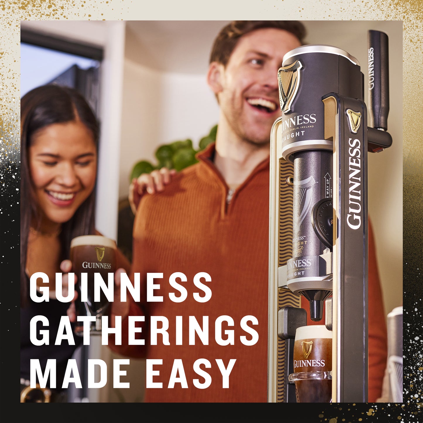 Two people smiling while using a Guinness MicroDraught machine from Guinness UK to pour drinks at their home bar. Text overlay reads: "Guinness Gatherings Made Easy with Draught Guinness.