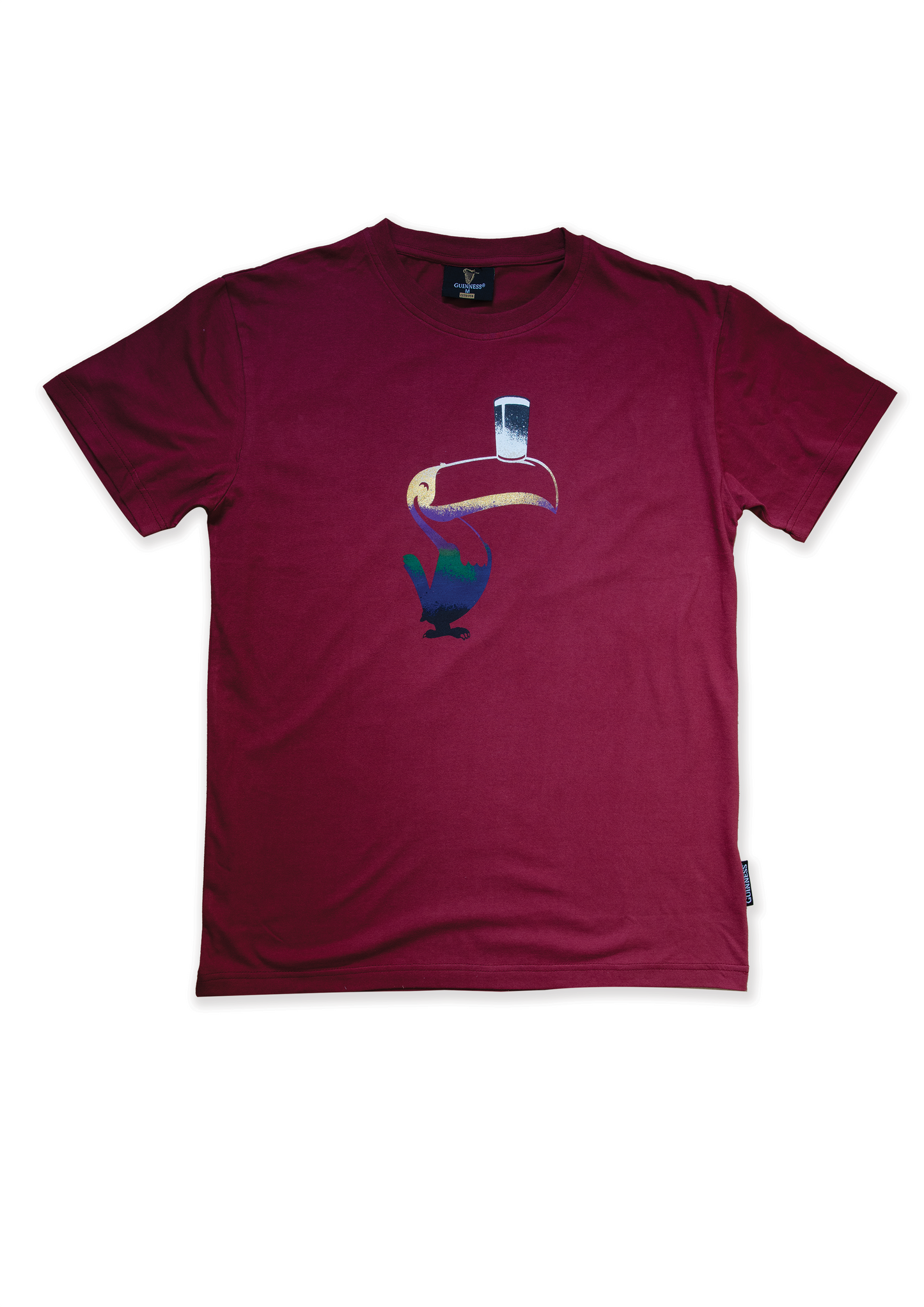 A Guinness Liquid Toucan T-Shirt - Red with an image of a bird on it.