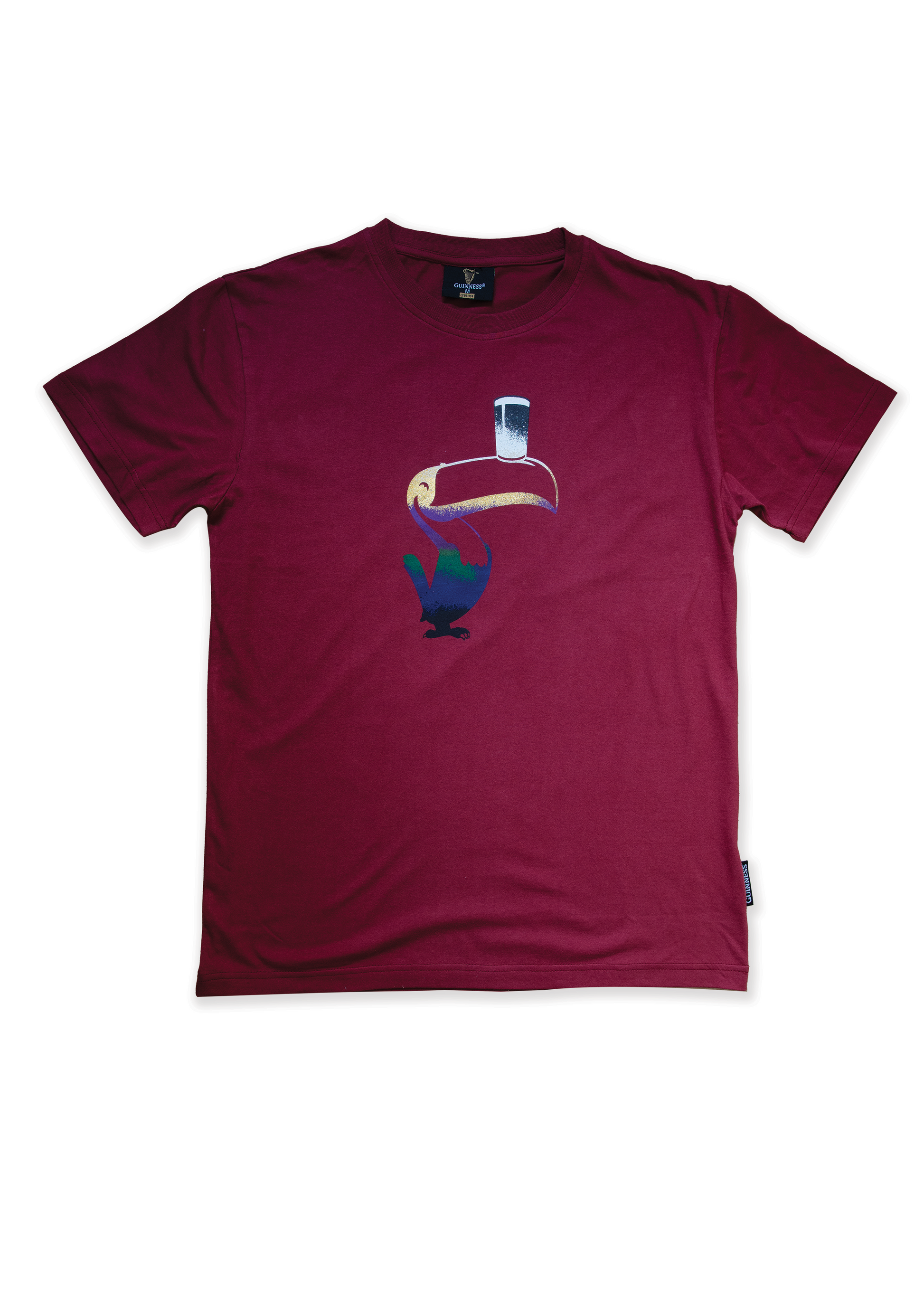 A Guinness Liquid Toucan T-Shirt - Red with an image of a bird on it.