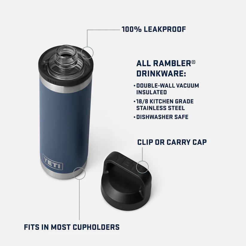 A white Guinness Six Nations Yeti 18oz Chug Bottle with cap removed from Guinness Webstore UK—leakproof, vacuum insulated, stainless steel, dishwasher safe, cupholder friendly. Perfect for rugby fans on match days.