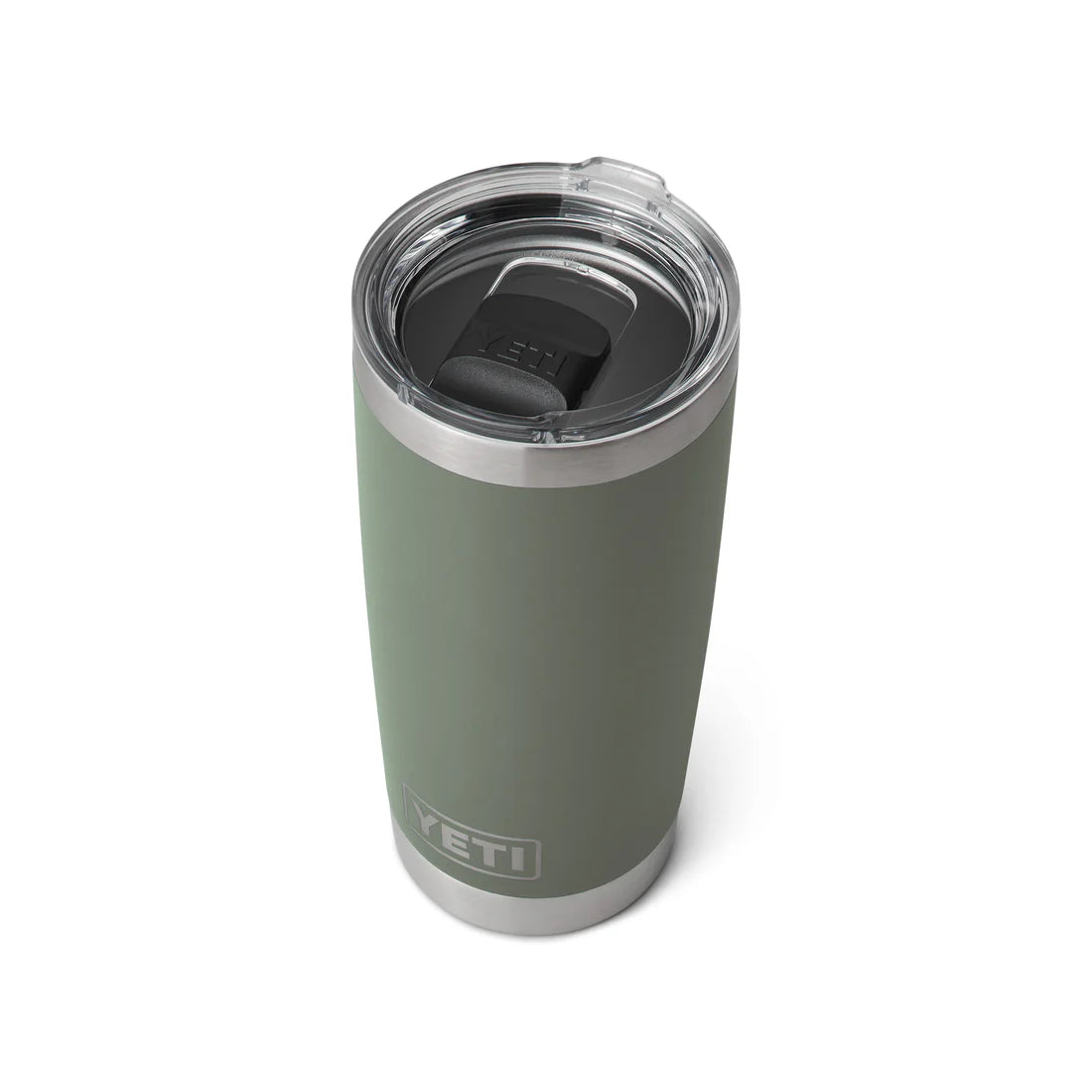 The Guinness Six Nations Yeti 20oz Tumbler in green from Guinness Webstore UK features stainless steel, a clear plastic lid, and a black sliding closure, displayed on a white background.