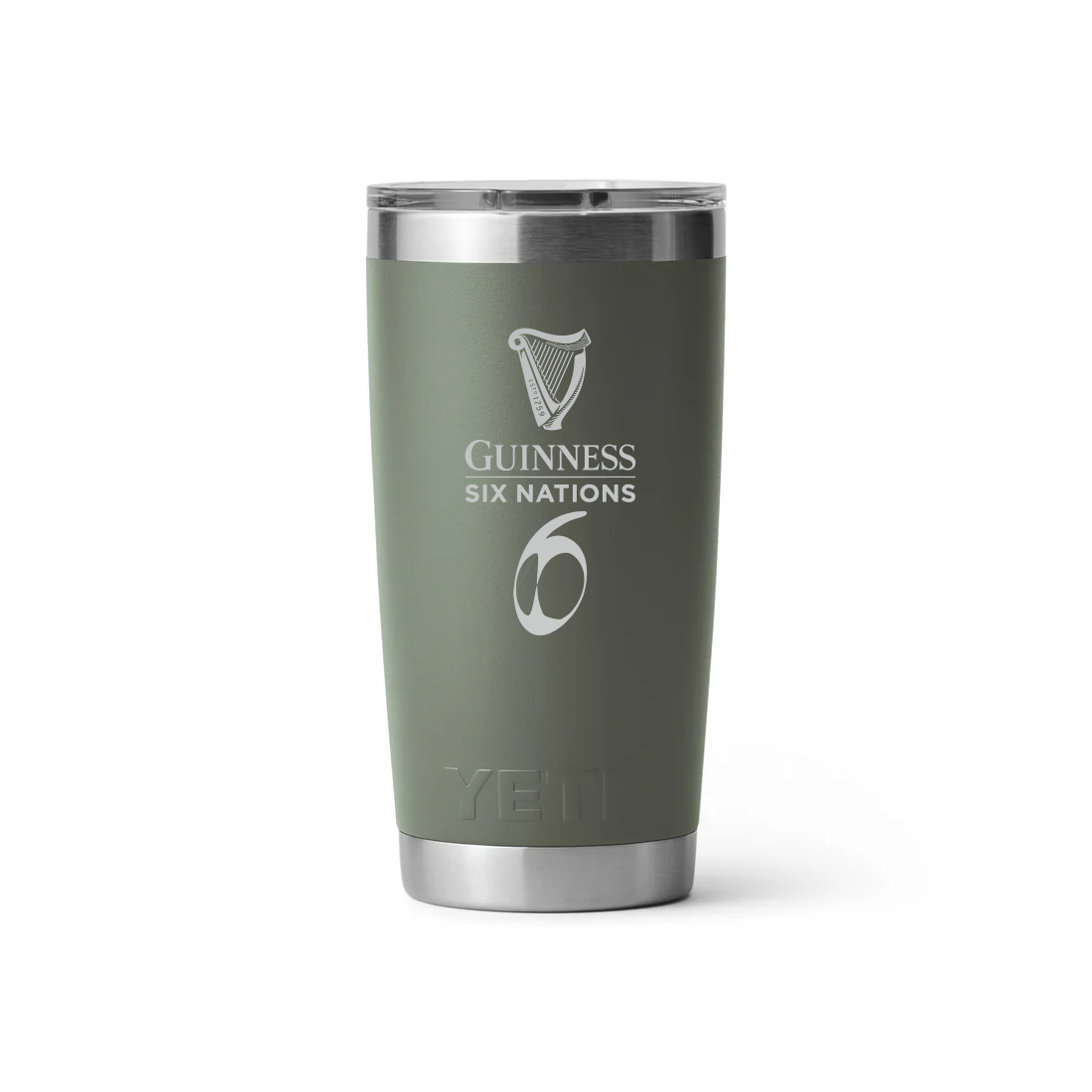 The Guinness Webstore UK offers the Guinness Six Nations - Yeti - 20oz Tumbler in green, blending rugby spirit and YETI quality with a sleek silver lid and base—perfect for fans seeking style and performance.