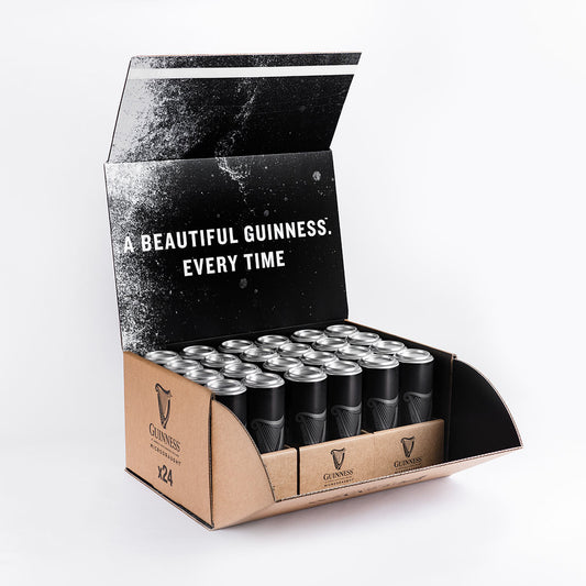 Guinness UK MicroDraught Stout Beer Cans – 24 x 558 ml in a box on a white background.