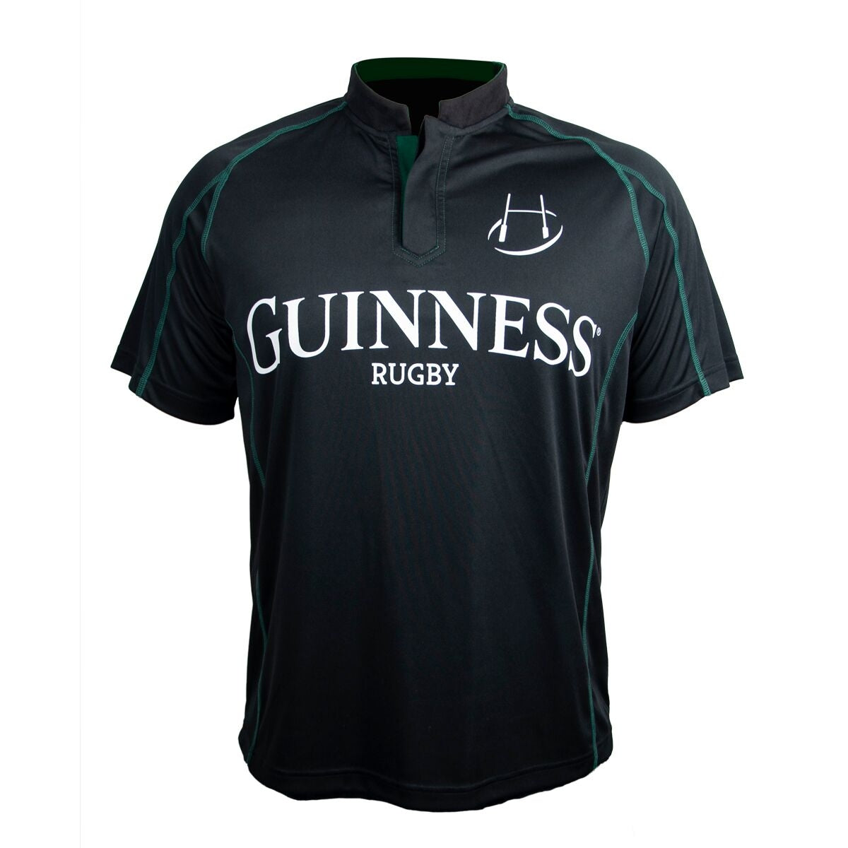 The Guinness Black & Green Short Sleeve Rugby Jersey features a Celtic pattern, “Guinness” and “Rugby” text, and a rugby ball graphic on the front.