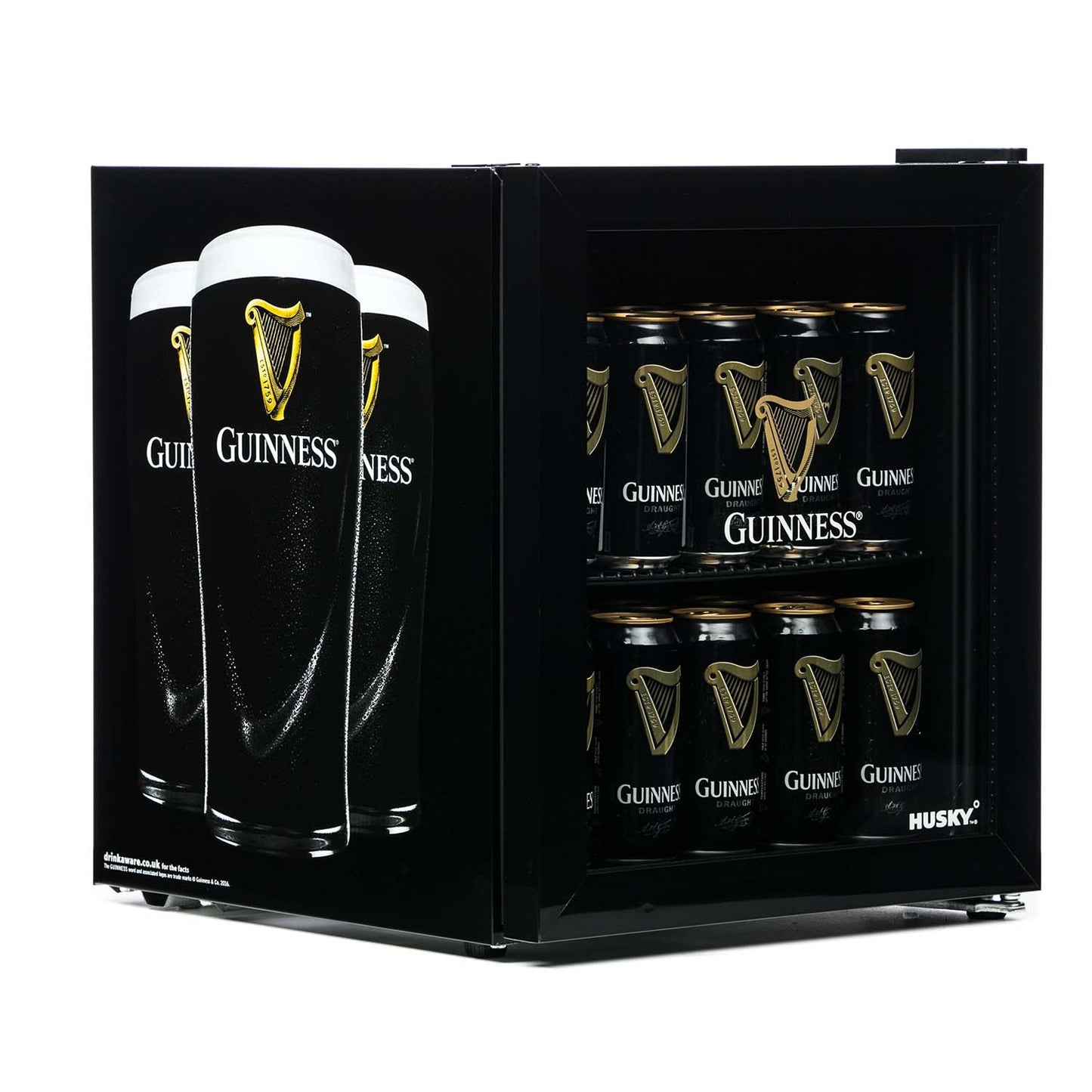 Sentence with replaced product: Guinness stout mini fridge with cans of beer.