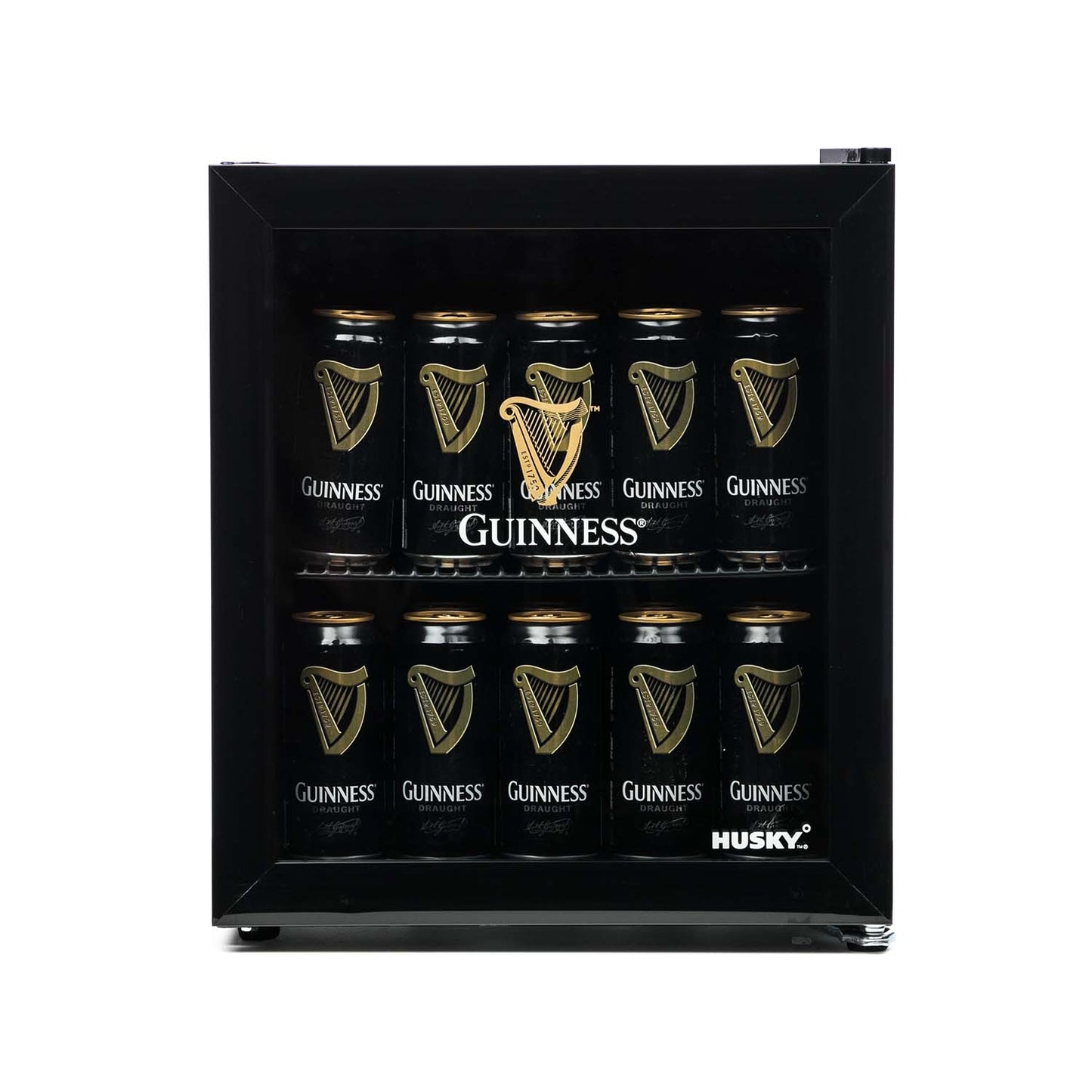 Guinness Beer Fridge with six cans of iconic stout. 
revised: Guinness Fridge with six cans of iconic stout.