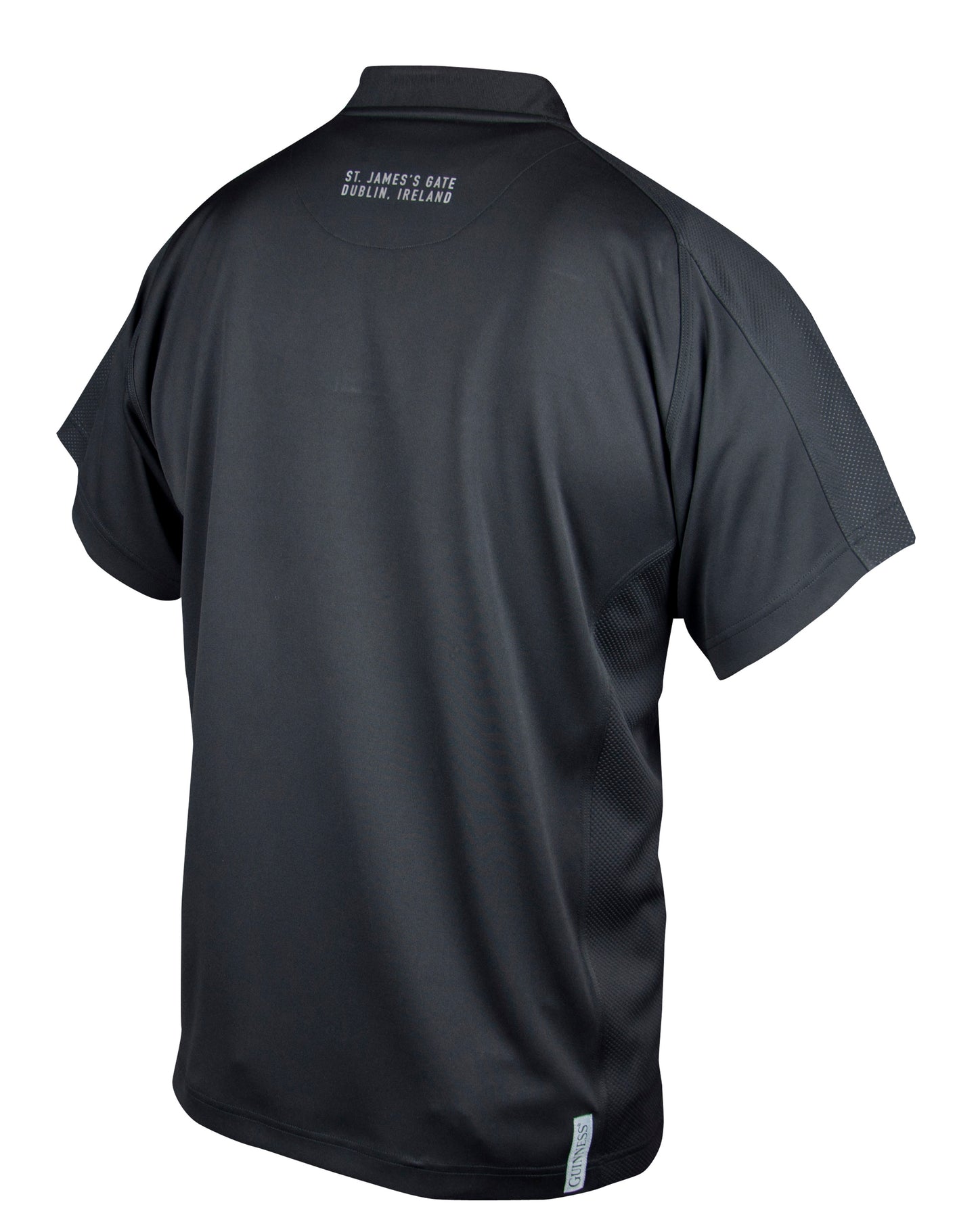 The back view of an All Black Rugby Jersey polo shirt with moisture-wicking jersey fabric.